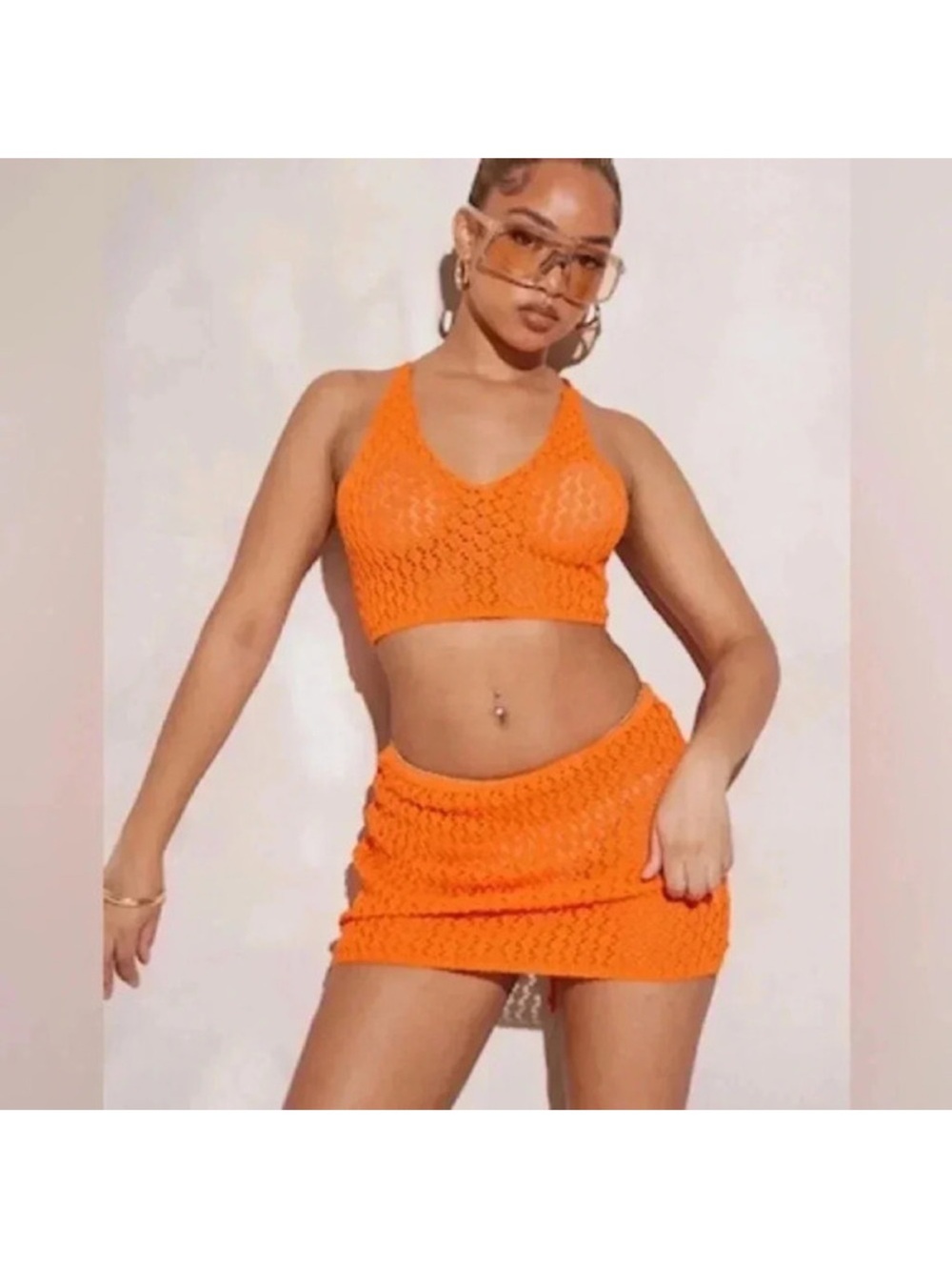 PrettyLittleThing Orange Crochet Knit Crop Top Boho Festival size 4